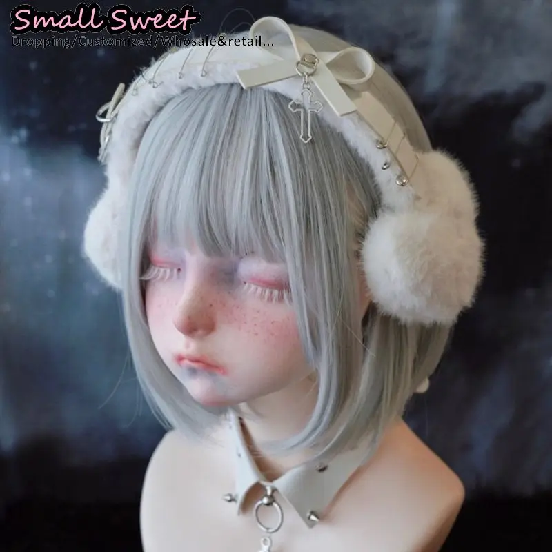 فاسق القوطية دبوس برشام الجلود القوس غطاء للأذنين الأبيض أفخم ثقافة فرعية Y2K فتاة الصليب حماية الشتاء غطاء للأذنين طوي الأذن الدافئة
