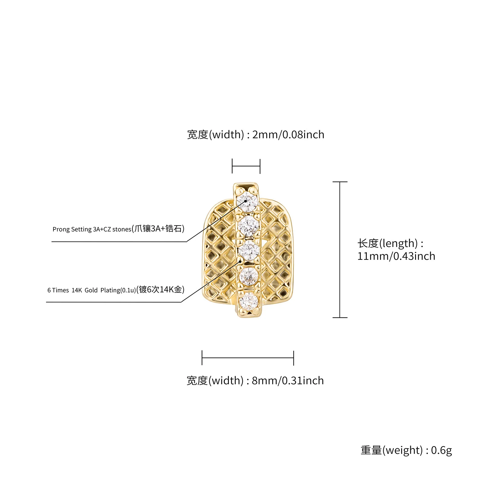 RACHELZ Hip Hop Single CZ Stone Vertical Bar Teeth Grillz 14K Gold Plated Cubic Zircon Tooth Caps For Women Men Jewelry