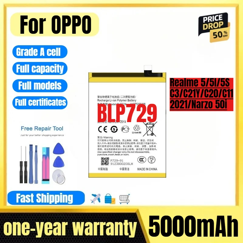 

BLP729 for OPPO Realme 5/5I/5S/C3/C21Y/C20/C11 2021/Narzo 50i Mobile Phone Battery High Quality Replacement Bateria Grade A Cell
