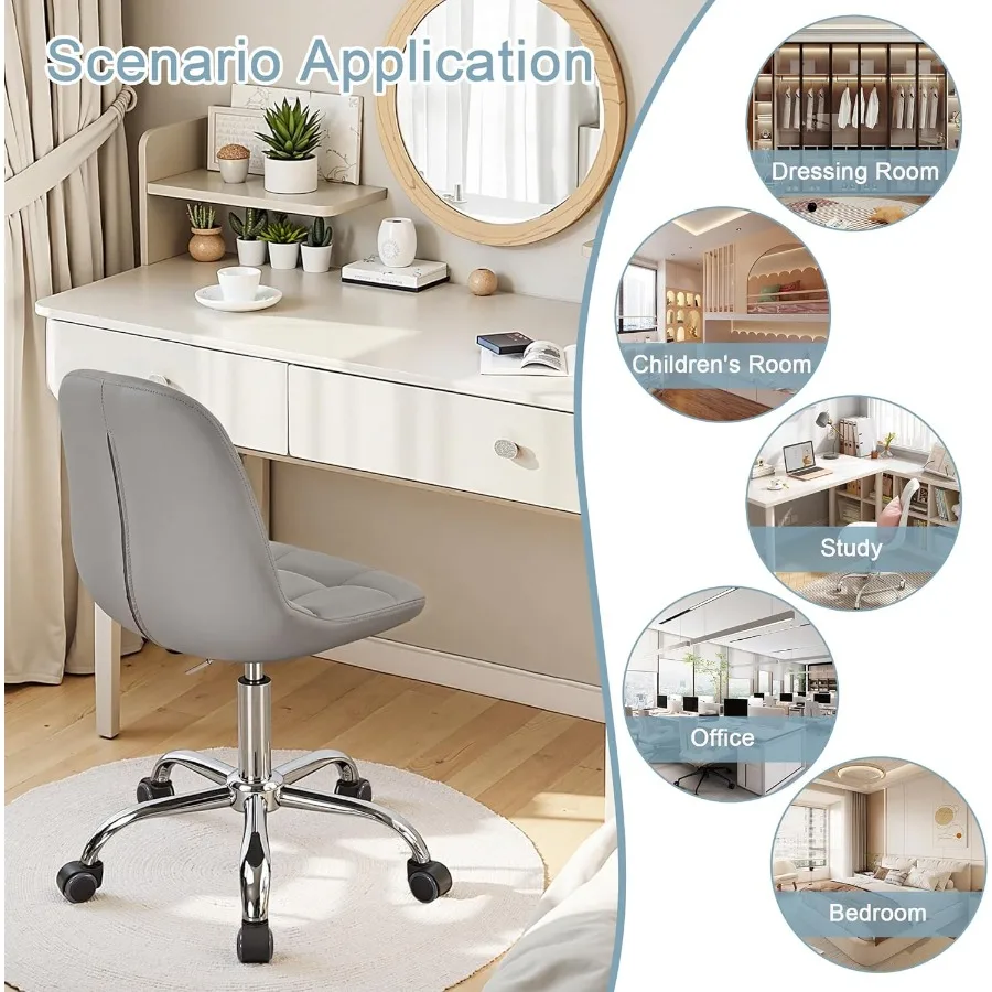 مكتب وكرسي مكتب منزلي بدون ذراع، ارتفاع قابل للتعديل، دوار 360 درجة مع عجلات، كرسي تزيين أنيق وغير رسمي، رمادي.
