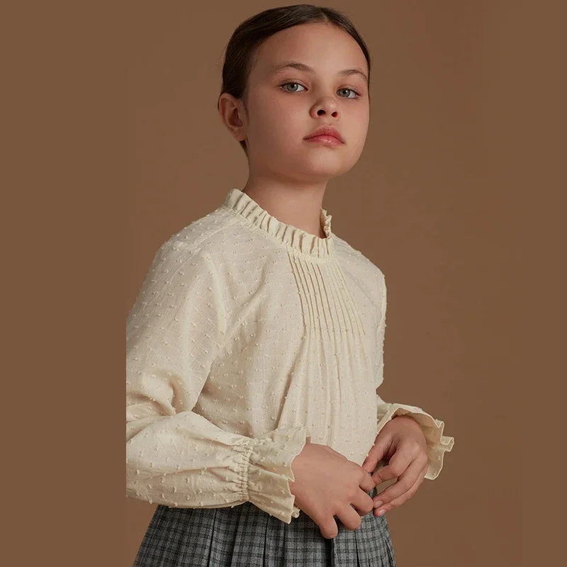 100% Katoenen Meisjes Ruches Ronde Hals Lange Mouwen Blouse Herfst Nieuwe Kinderen Elegante Witte Tops Kinderen Kleding Tz347