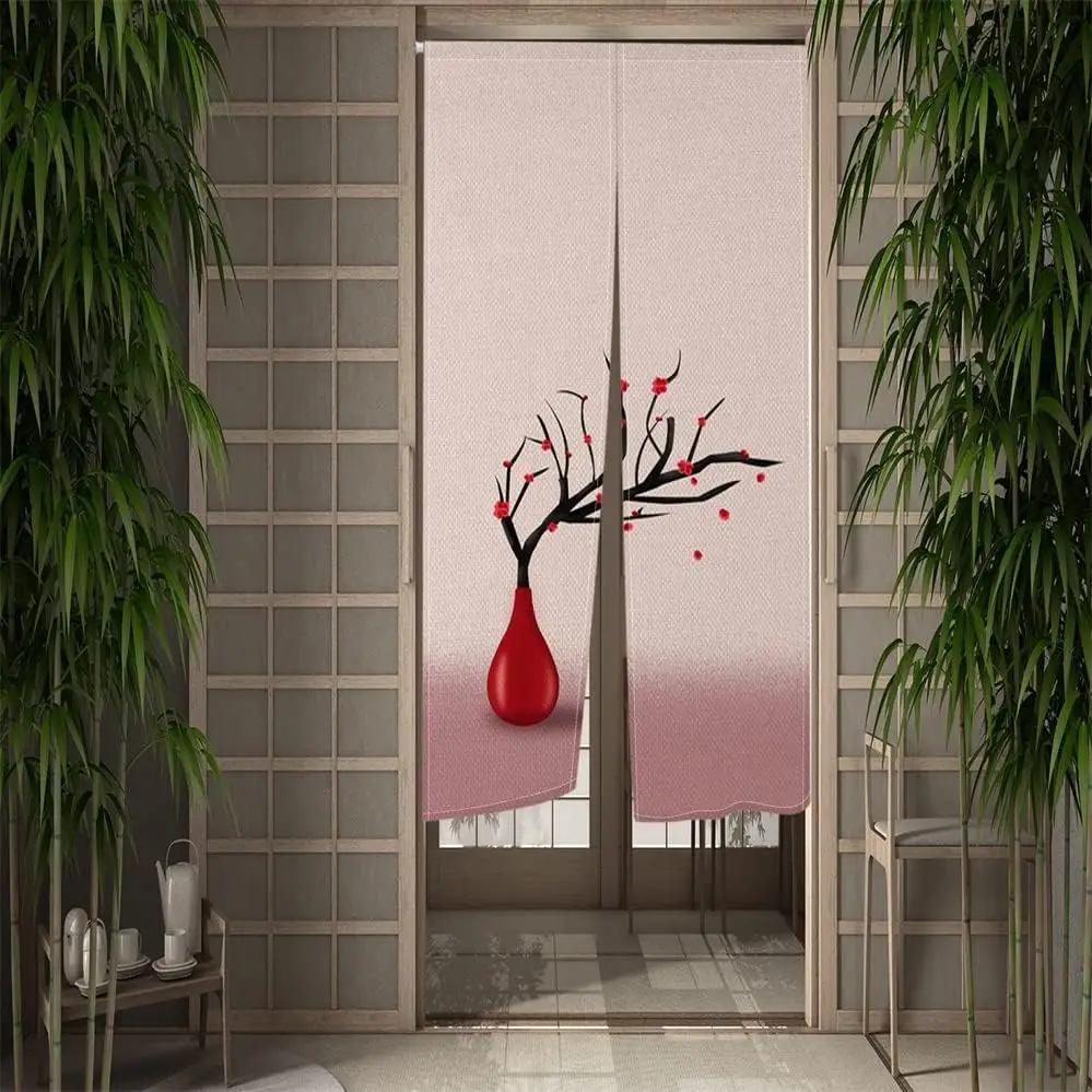 Serene Chinese Plum Blossom Door Curtain, Red Vase & Floral Design For Porch & Dining Room, Elegant Oriental Decor Divider
