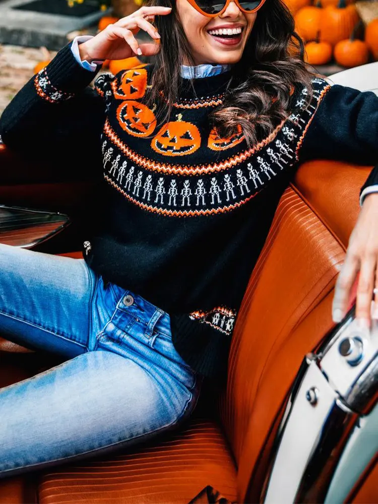 Yangelo Gothic Pumpkin Printed Sweater Women's Knitted Pullover Warm Fall Winter Round Neck Pullover Top for Halloween