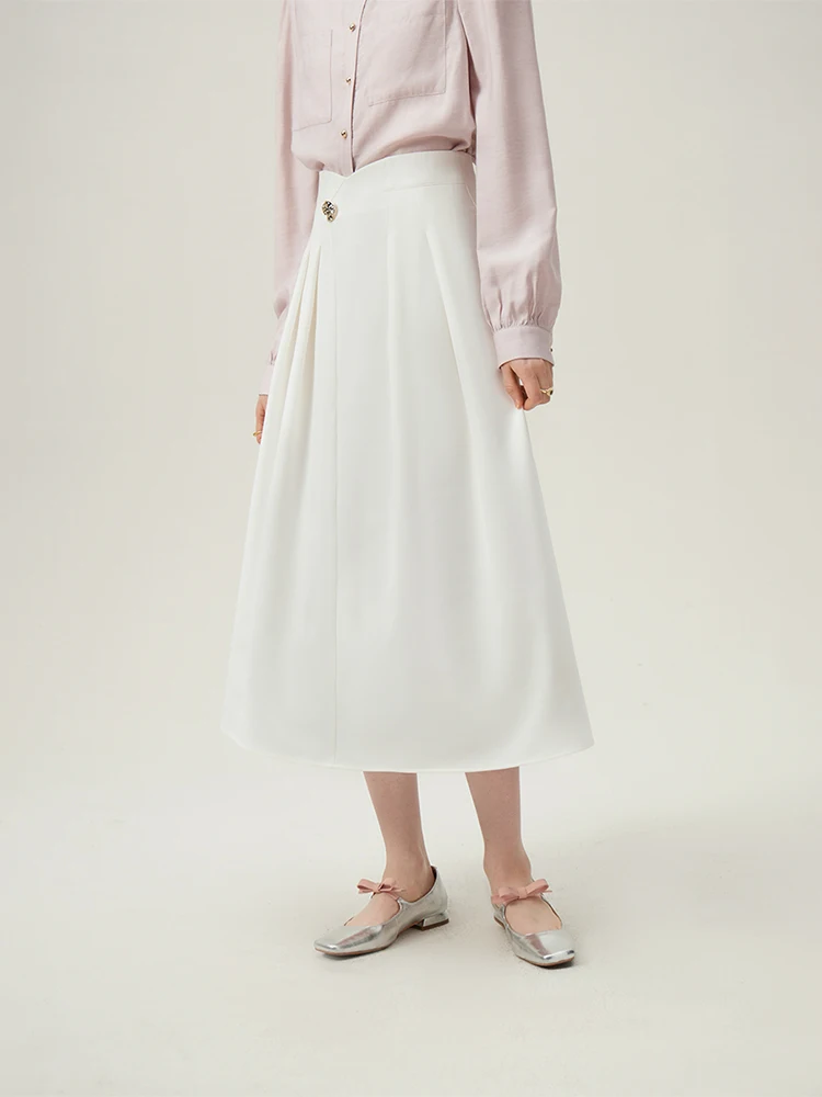 FSLE 【2 Colors】Irregular Waistband Design Women Long Pleated Skirt Office Lady Twill White A-LINE Skirts 24FS11282