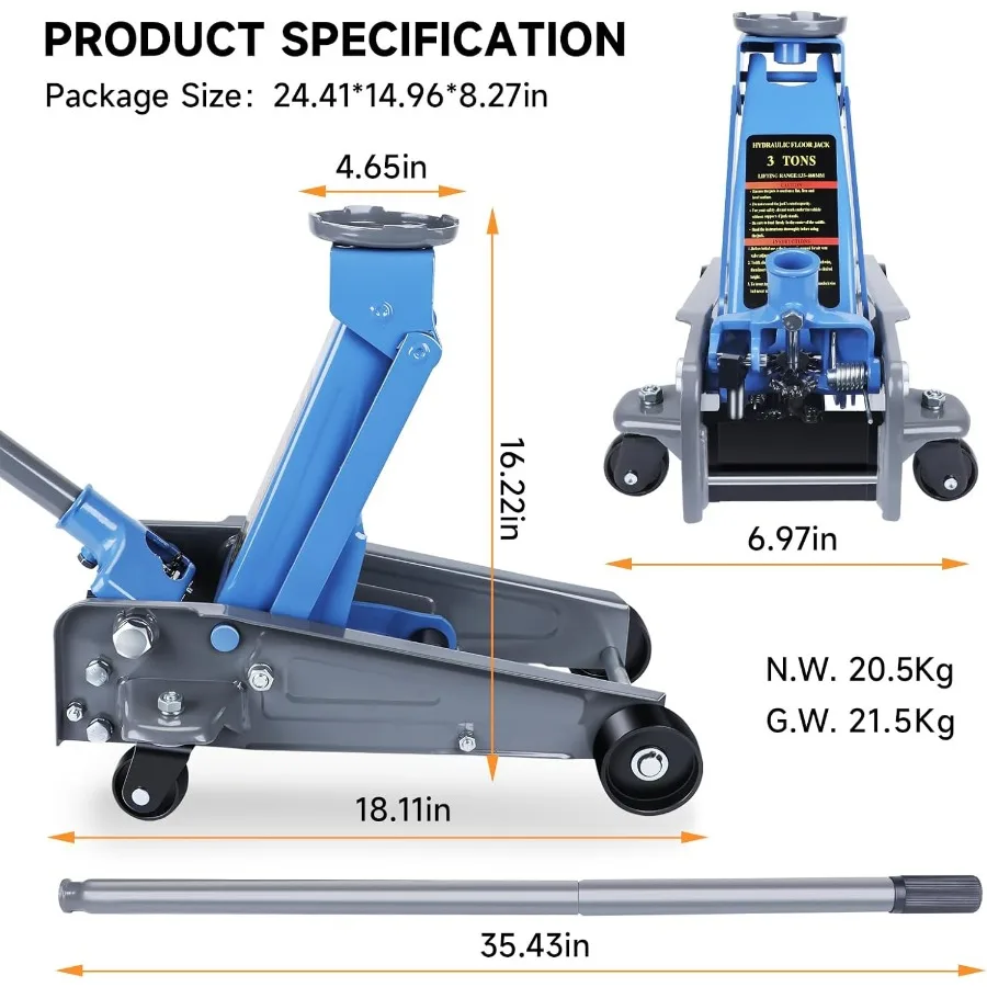 LARBANKE Gato de piso de 3 toneladas fabricado en acero al carbono duradero con ruedas para un levantamiento seguro Gato de piso de elevación rápida con una gama de 5,31 t