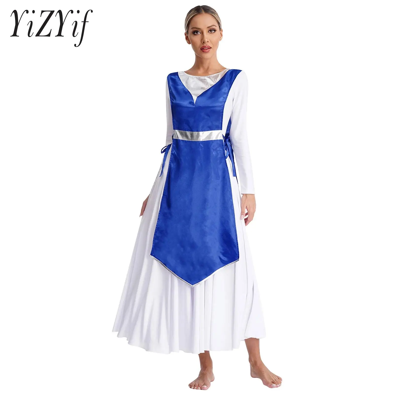 

Women Worship Dance Robe Choir Performance Costume Sleeveless Tunic Metallic Glossy Lace-Up Sides Split Satin Dresses Dance Wear