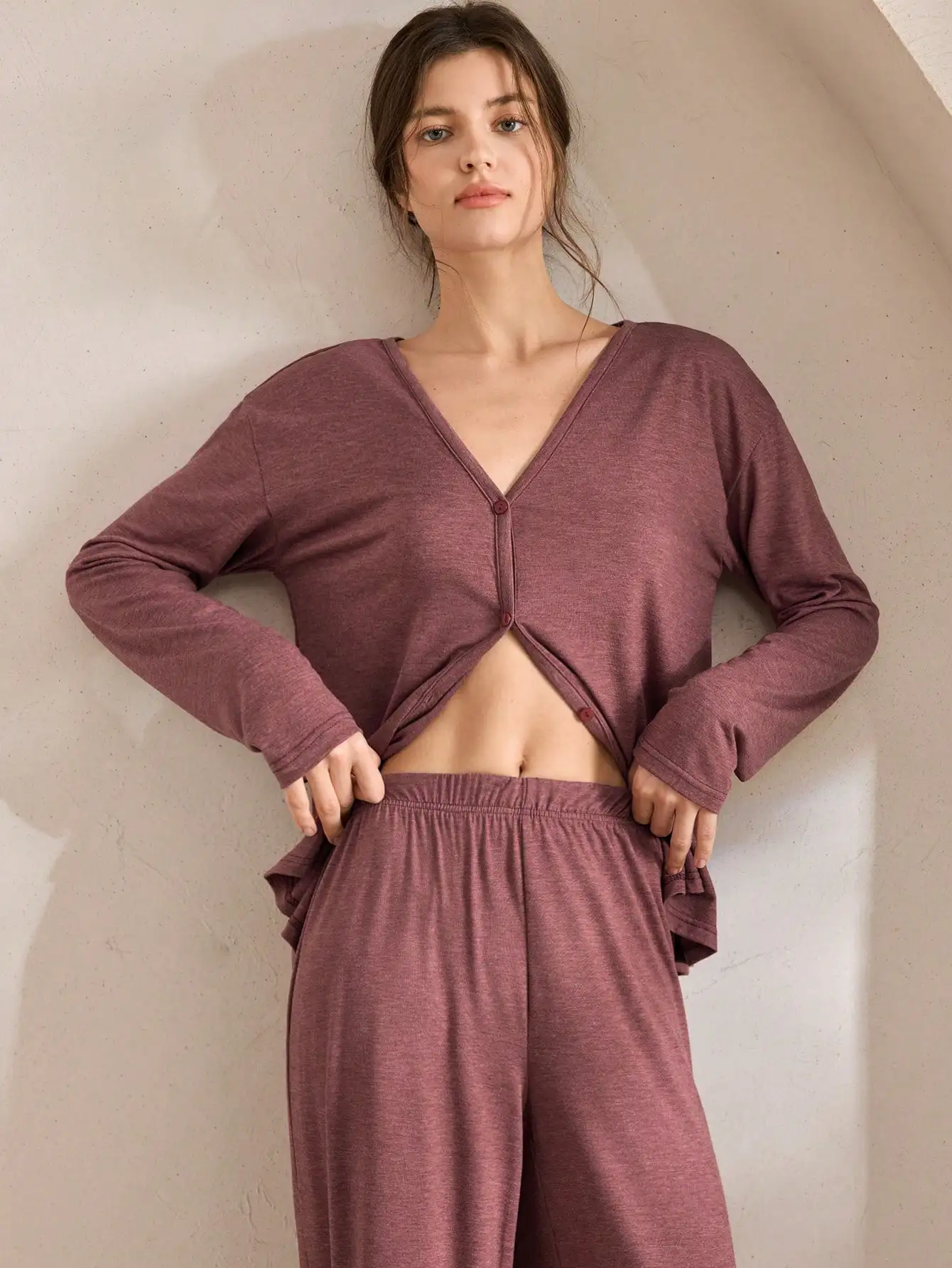 

Minimalist V Neck Loose Lounge Set Women Cozy Stretchy Sleepwear Pajama Set