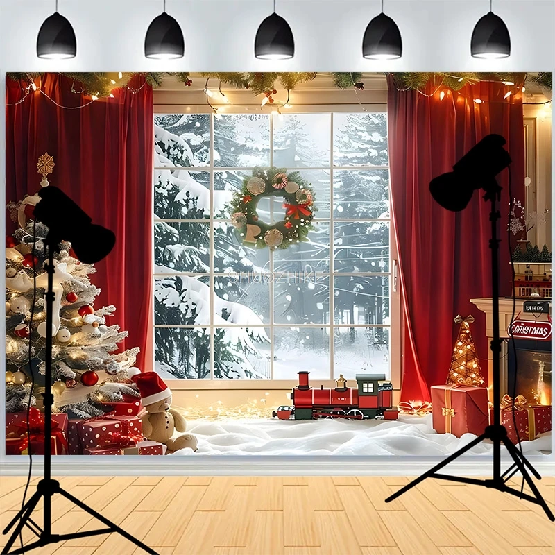 

Winter Snow Window Christmas Day Background Fireplace Living Room Decoration Family Party New Year Photography Backdrops AG-05