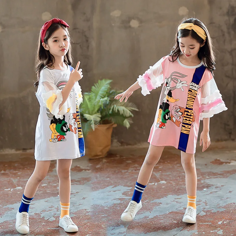 Dress Girl 2024 Summer New Korean Style Flare Sleeve Mid-Length Top Comfortable Cotton All-Matching Cute