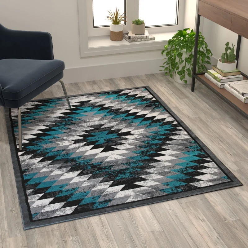 

4'x5' Turquoise Area Rug Olefin Rug with Jute Carpets for Living Room Home Bedroom Decor