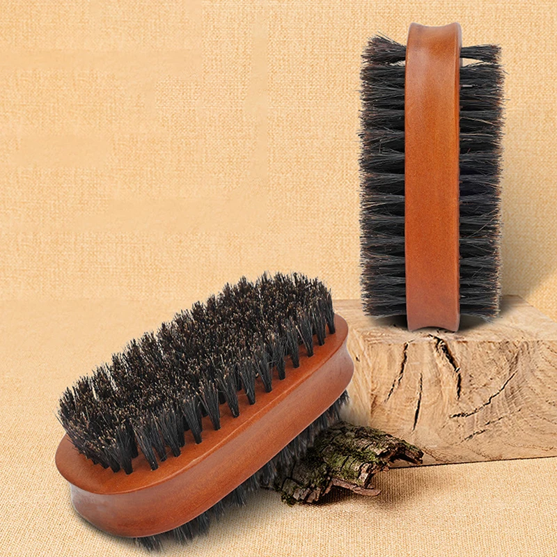 1PC Men Boar Bristle Hair Brush Natural Wooden Wave Brush For Male Beard Hairbrush Dual-purpose Double-sided Beard Brush