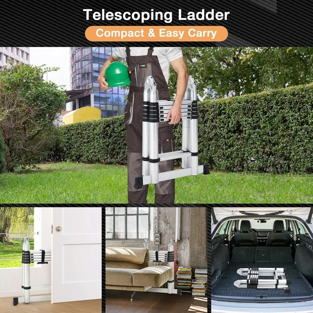 12.5 FT Telescopic Ladder, Aluminium Silver A Frame Telescoping Ladder, Portable Extension Ladder with Non-Slip Feet