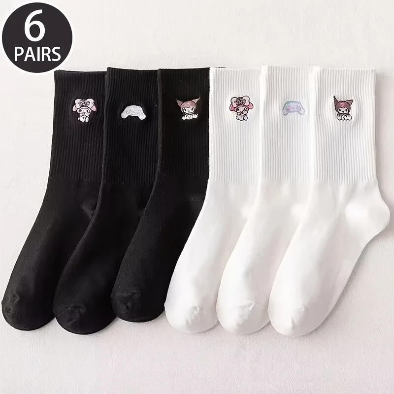 

6 Pairs Sanrio Melody Kuromi Teenager's Cute Cartoon Character Pattern Crew Socks, Breathable Socks for All Seasons Wearing