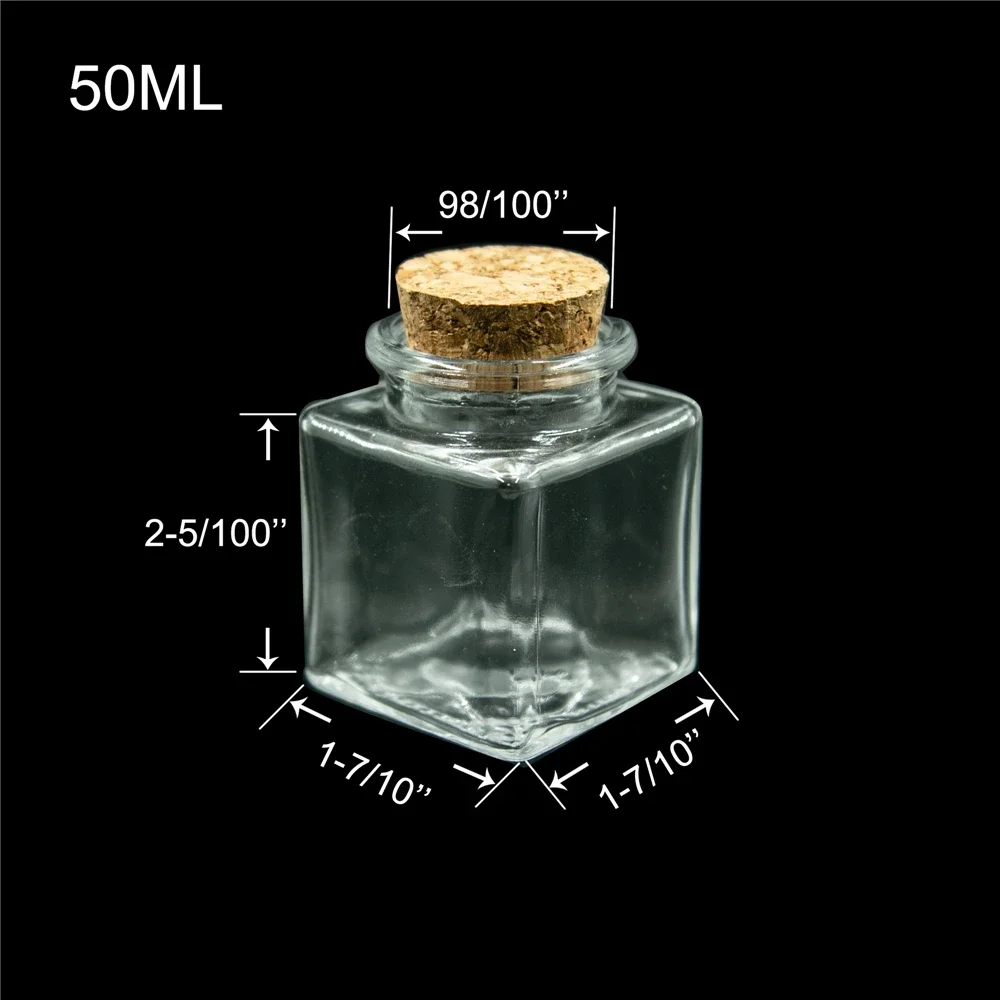 Mini 50ml Square Glass Bottle With Corks Empty Clear Square Flat Bottles Glycyrrhiza Sweets Food Grade Seal 50cc Jar Vials