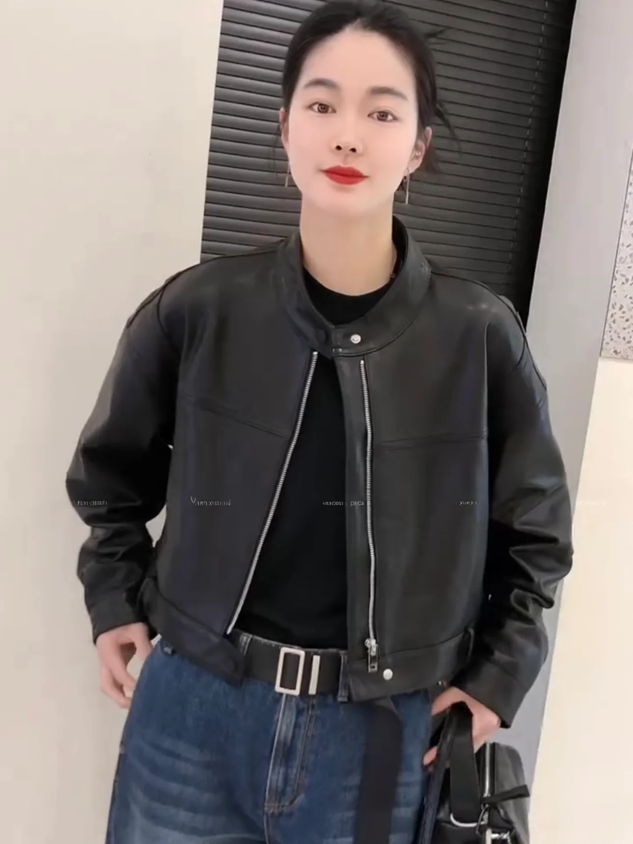 

Early Spring 2025 Vintage Hong Kong Sle Loose Fit Biker Genuine Leather Jaet Women's Classy Stand Collar Leather Coat