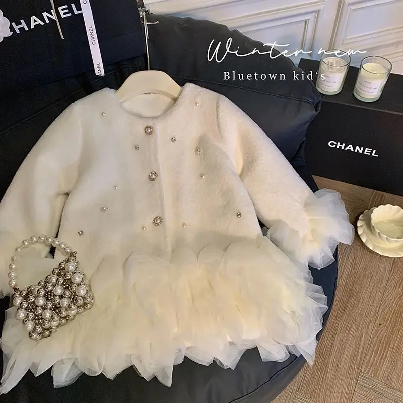 

Girls' Furry Princess Mesh Coat Autumn And Winter New Mid-Length Quilted Children'S Clothing Baby Birthday Dress