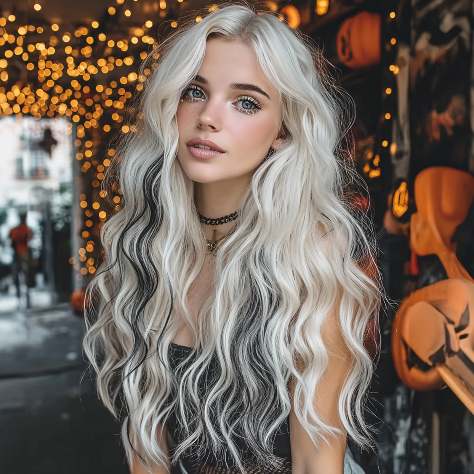 

Halloween Super Long Curly White Mixed Black Synthetic Wig Medium Part Water Wave Wigs for Women Cosplay Party Colored Hair Wig
