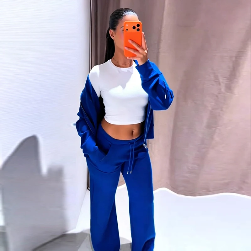 Damen-Hosen-Sets mit Kapuze, Langarm-Reißverschluss, Oversize-Mäntel, Kordelzug-Taille, Schlaghosen, Frühling-Herbst, schicke neue Outfits für Damen – Detail 15