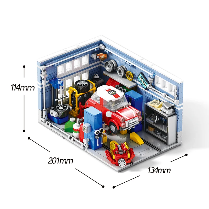 746-delige mini-autoreparatiewerkplaats bouwstenen, stadsgarage-scenemodel, stenen, bureauversiering, speelgoed voor autoliefhebbers, cadeaus voor de feestdagen