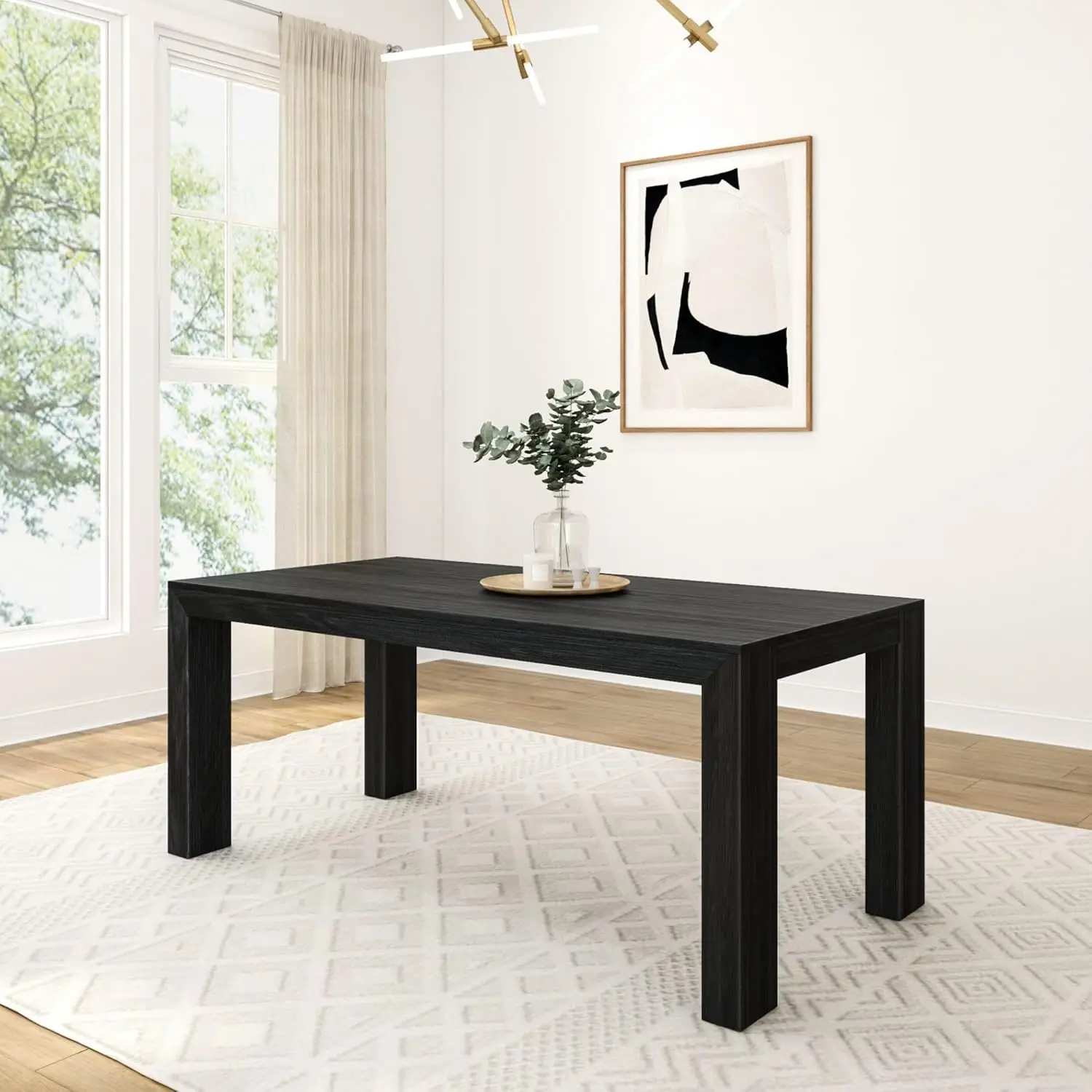 72 Inch Modern Wood Dining Table, Solid Wood Rectangular Dining Table for Kitchen/Dining Room Black Wirebrush