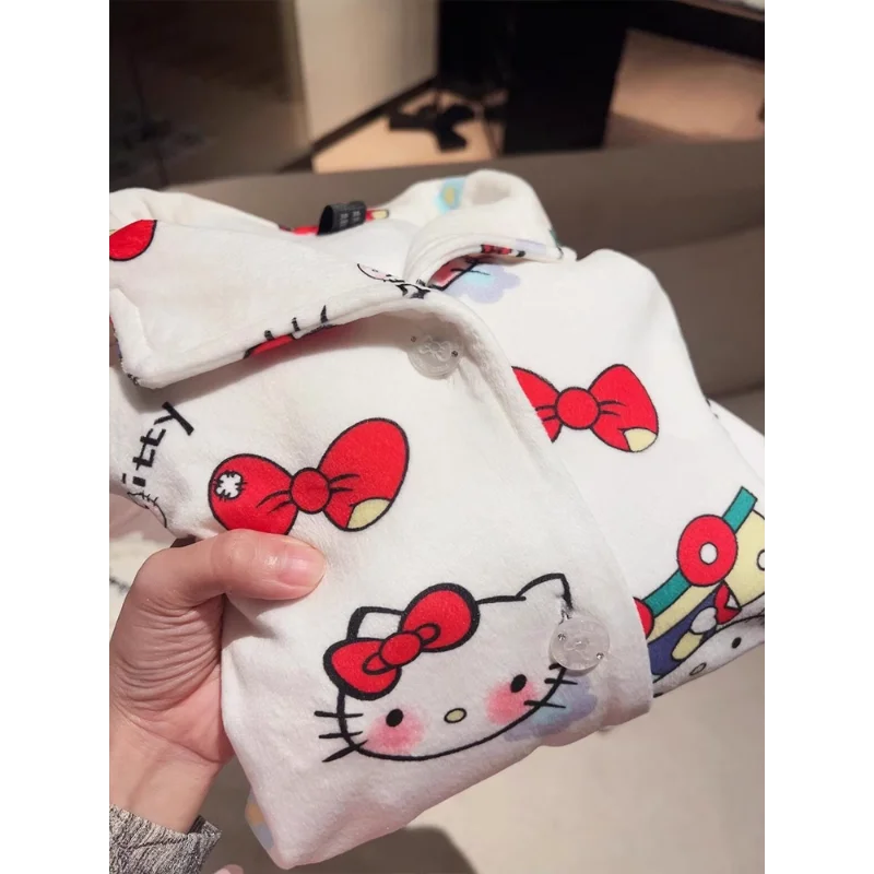 Cartoon Hello Kitty pajamas winter women\'s pajamas lapel cotton thermal casual two-piece suit new Sanrio Hello Kitty loungewear