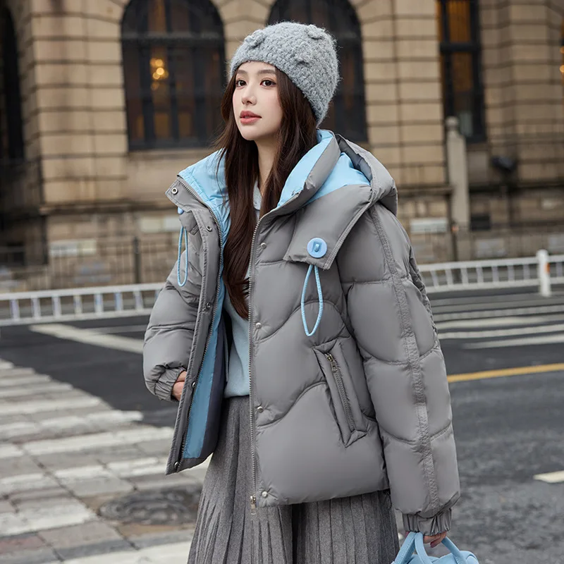 

Female Winter Parka Women's Coat Color Blocked Drwastring Hooded Cropped Lady's Padded Coat Casual Loose Fit Quilted Jacket
