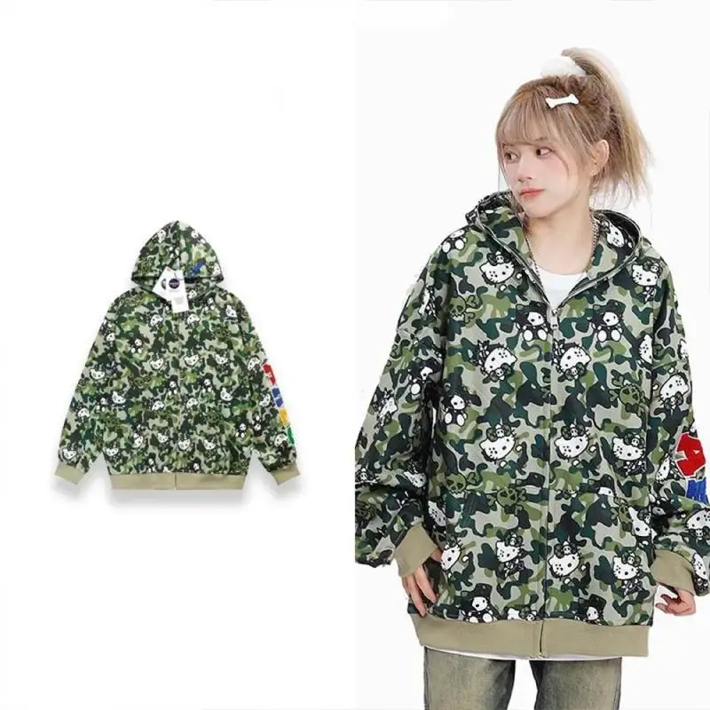 Hello Kittys Hooded Jacket Y2K Sanrioed Cartoon Anime Spring Winter Cotton Camouflage Coat Hip Hop Men Women Casual Loose Tops