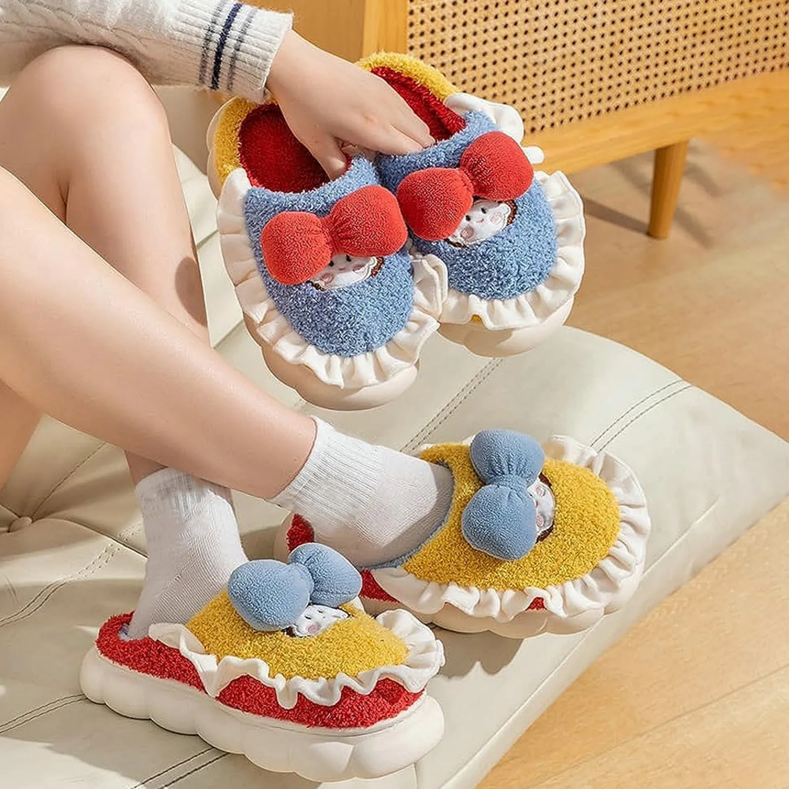 Women's Fashion Warm Home Slippers Cute Bow Autumn Winter Thick Plush Non-Slip Leisure Shoes Soft Color Blocked Slippers