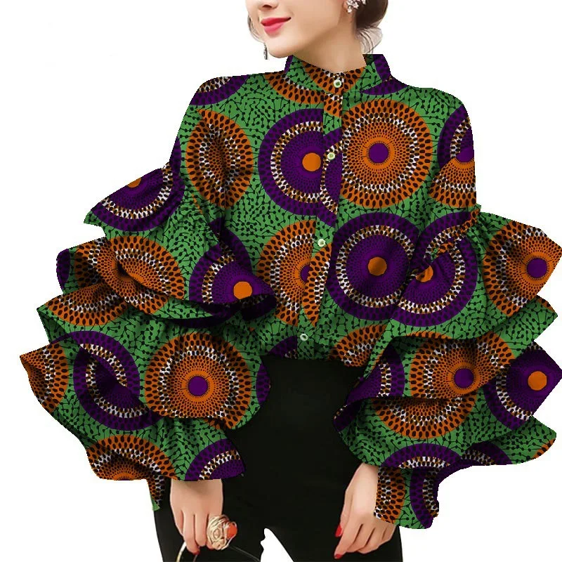 Camisa de vestir africana con cuello levantado, blusas de manga acampanada para mujer, Top de algodón con estampado de cera, ropa de talla grande para mujer, fiesta y boda