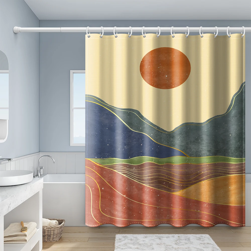 Mountains And Sunrise Scenery Abstract Art Illustration Ahower Curtain Bathroom Curtain With Hook Waterproof Polyester Fabric