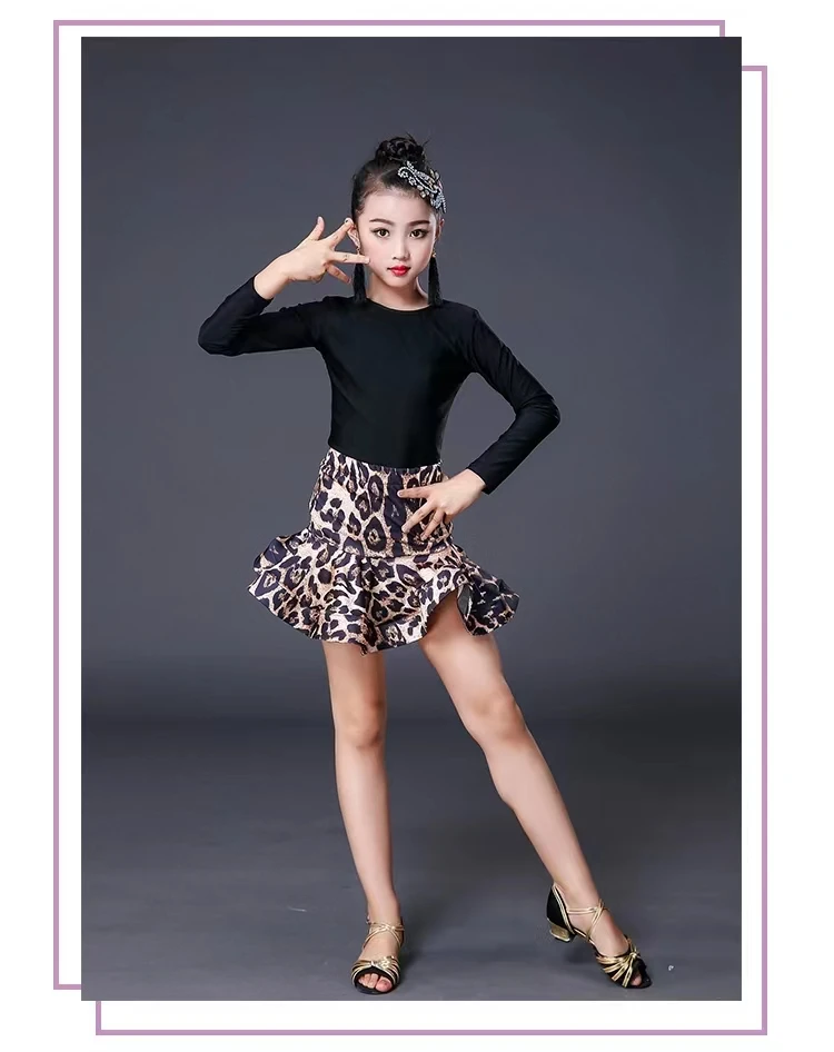 Vestido de baile latino de salón profesional para niños, vestidos de baile de salón para niños, falda superior con estampado de leopardo, samba y tango