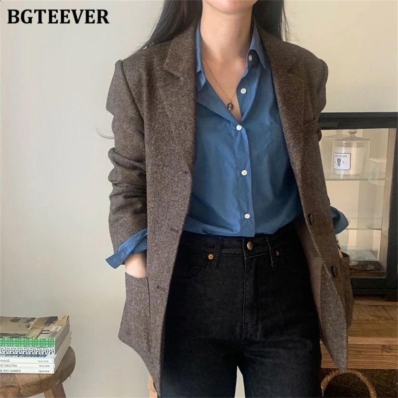 BGTEEVER Vintage Notched Collar Ladies Single-breasted Solid Blazer Jackets Casual Full Sleeve Loose Female Woolen Suit Coats