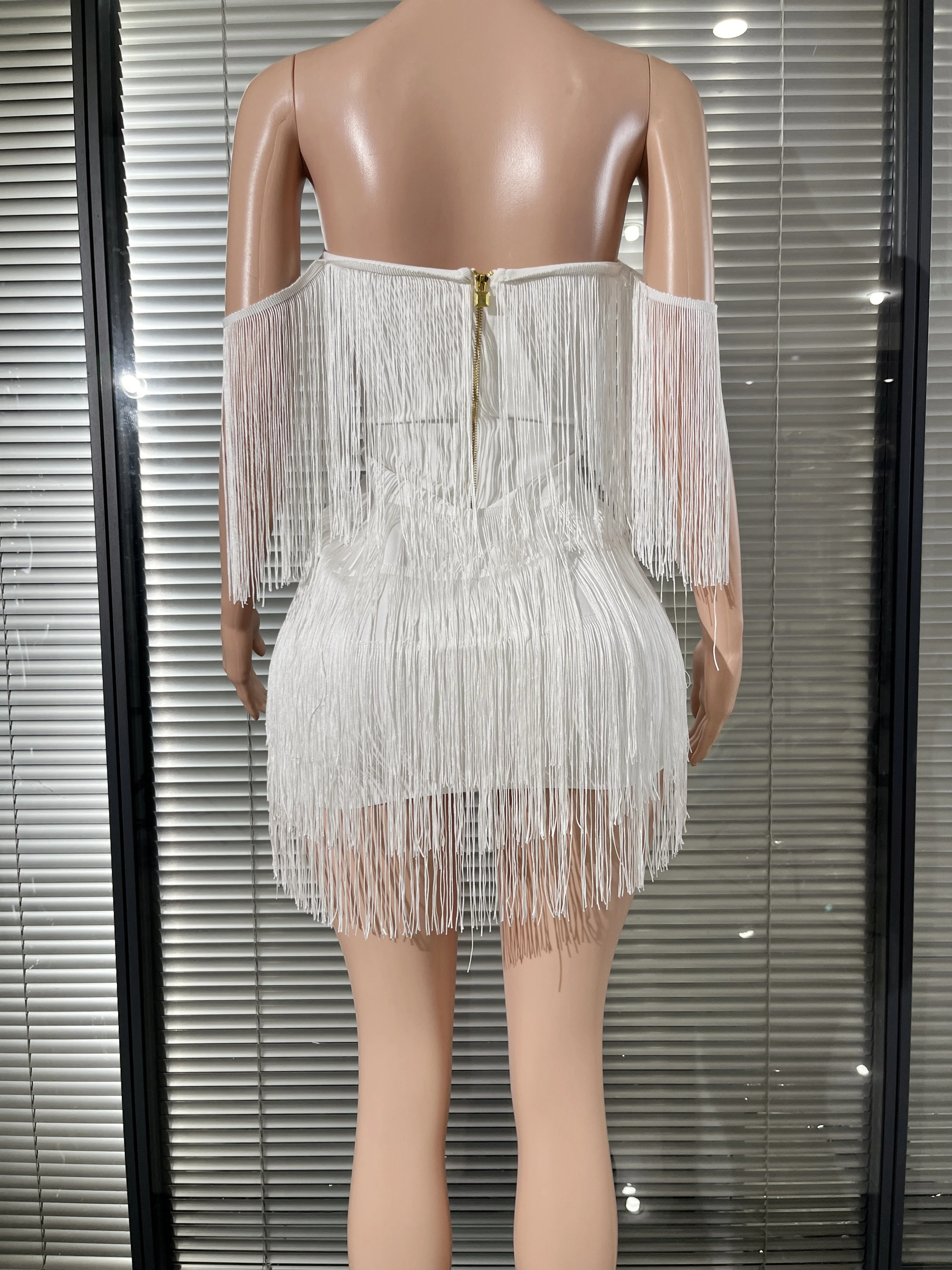 Frauen Weg Schulter Verband Kleid Sexy Liebsten Quaste Nachtclub Promi Abend Party Mini, Figurbetontes Kleid