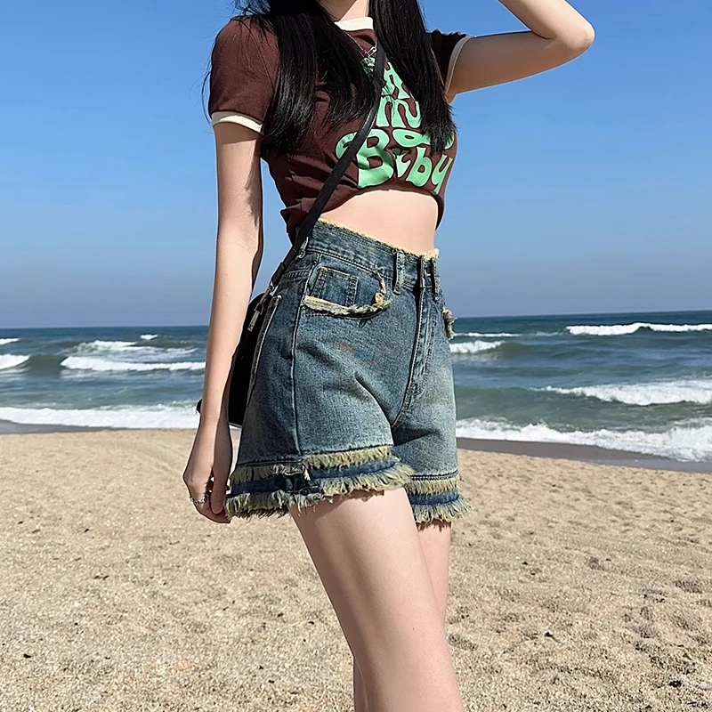 Rough Edge Denim Shorts Women's Summer New Retro Spice Girl High Waist Cover Hip Thin Versatile Design A Word Hot Pants