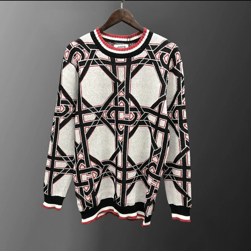 

Geometry Contrasting Color Stitching Men Long Sleeve Slim Knitted Pullover Sweater Social Dress Shirt Streetwear Clothing