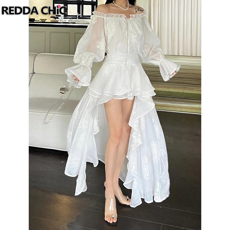 REDDACHiC Pretty Embroidery Women Trailing Evening Dress Long Sleeves Ribbon Flowy Ruffle High-Low One-piece Elegant Party Gown