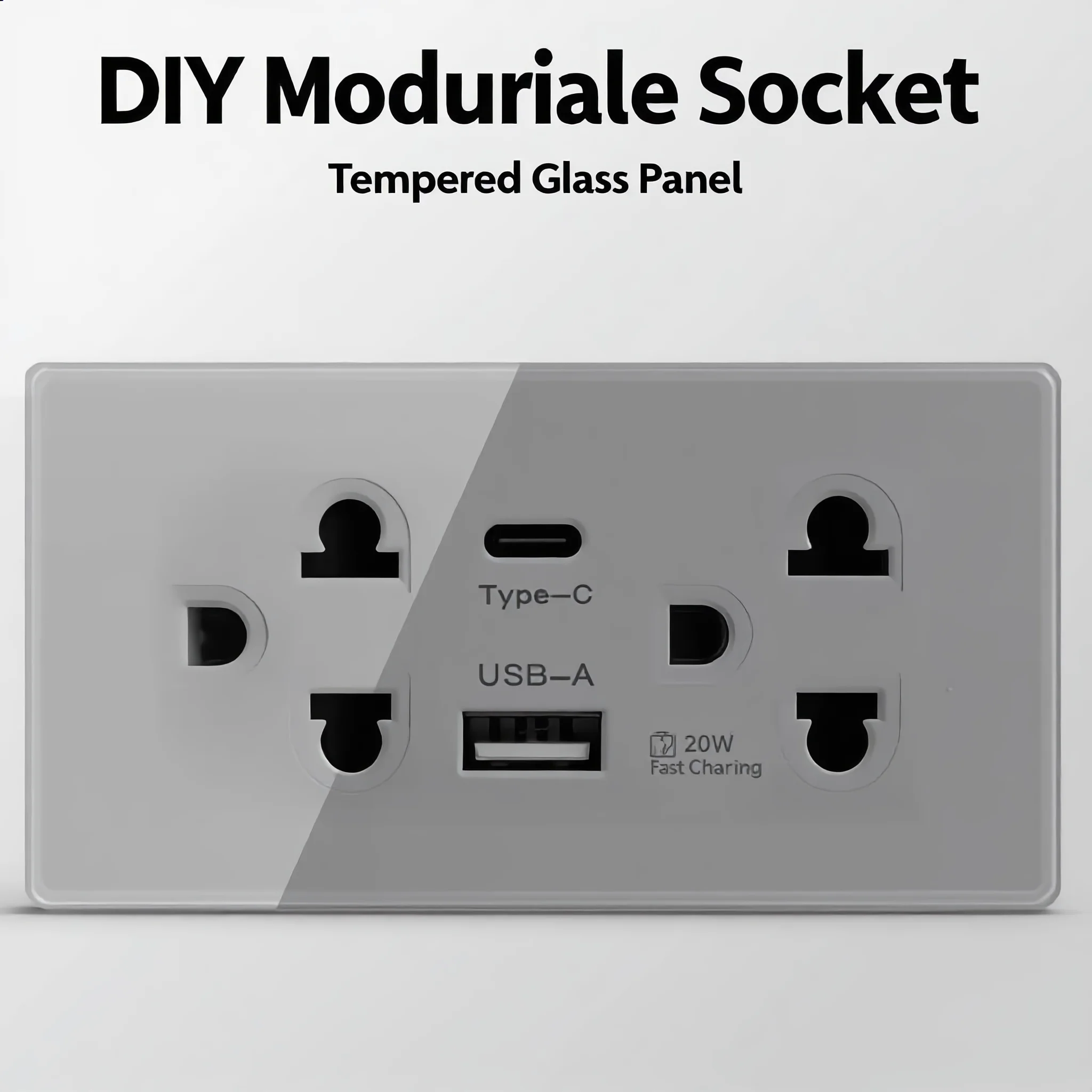2x4 Inch Tempered Glass Grey DIY Modular Wall Plate NEMA 5-15R Duplex Outlet With Interchangeable Socket Modules For Italy/US/EU