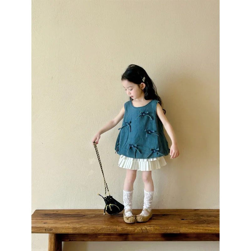 

2025Summer New Girl's Western Style Denim Suit Children's Bow Denim Vest+Pleated Skirt Two-Piece Set