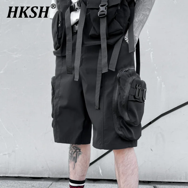 

HKSH Summer Japanese Tactical Shorts Men's Buckle Decoration Loose Straight Knee Length Pants Multi Pockets Trendy Capris HK0664