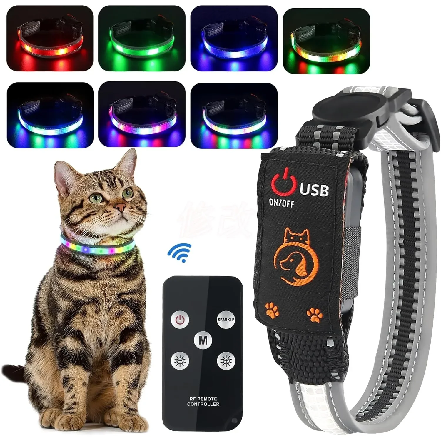 Light Up Dog Cat Collar Rechargeable Waterproof Led Cat Collar with Remote Glow in Dark Led Cat Collar Dog Lights Night Walking