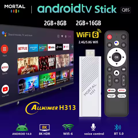 Motral Q8S Android TV Stick Allwinner H313 with Dual 2.4G Wifi 5G Wifi6 Brand 8GB 16GB 4K HDR Gogle Voice Remote DC 5V 2A TV Box