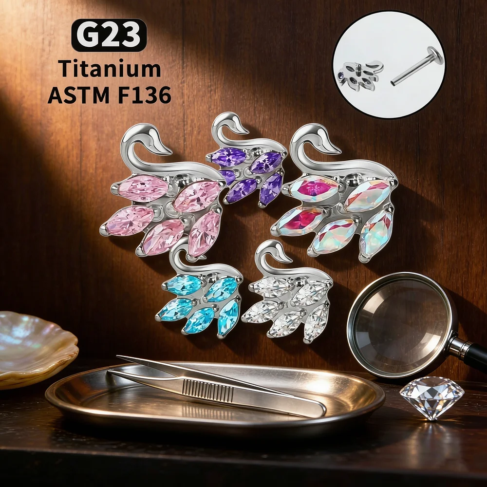 G23 Titanium 16G Internal Thread Swan CZ Lip Piercing Labret Rings Tragus Helix Cartilage Stud Earrings Medusa Nose Jewelry