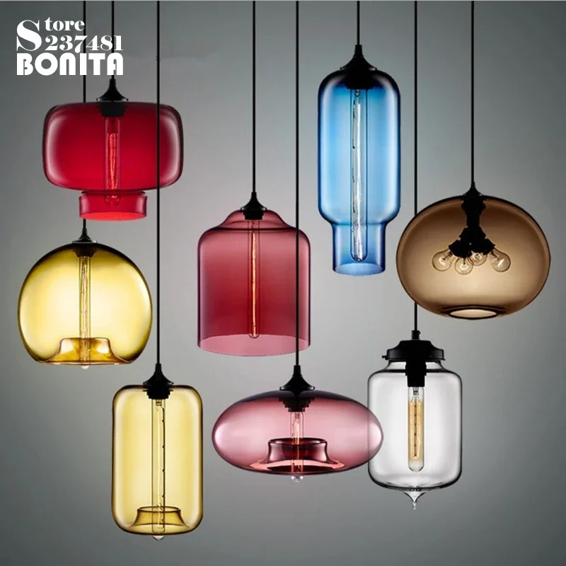 Northern Europe Simple Transparent Glass Hanging Lights Dining Room Colorful Goldfish Bowl Cord Pendant Lamp Edison Chanderlier