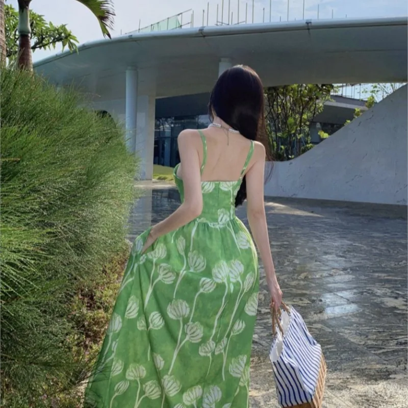 Strap Dress Women's Seaside Holiday Beach Green off-Shoulder Waist Trimming Slimming Skirt