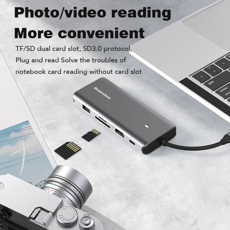 Blueendless New Arrival Aluminum USB C to 10 in 1 HUB 4k 60hz Type c HDTV 100w  with pd for MacBook Pro Accessories SSD case