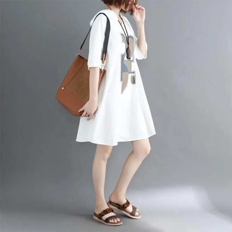 2025 Casual Geometric Printed Fashion Hooded Dresses Women\'s Clothing Loose Mori Girl Style Summer Spliced Straight Mini Dress