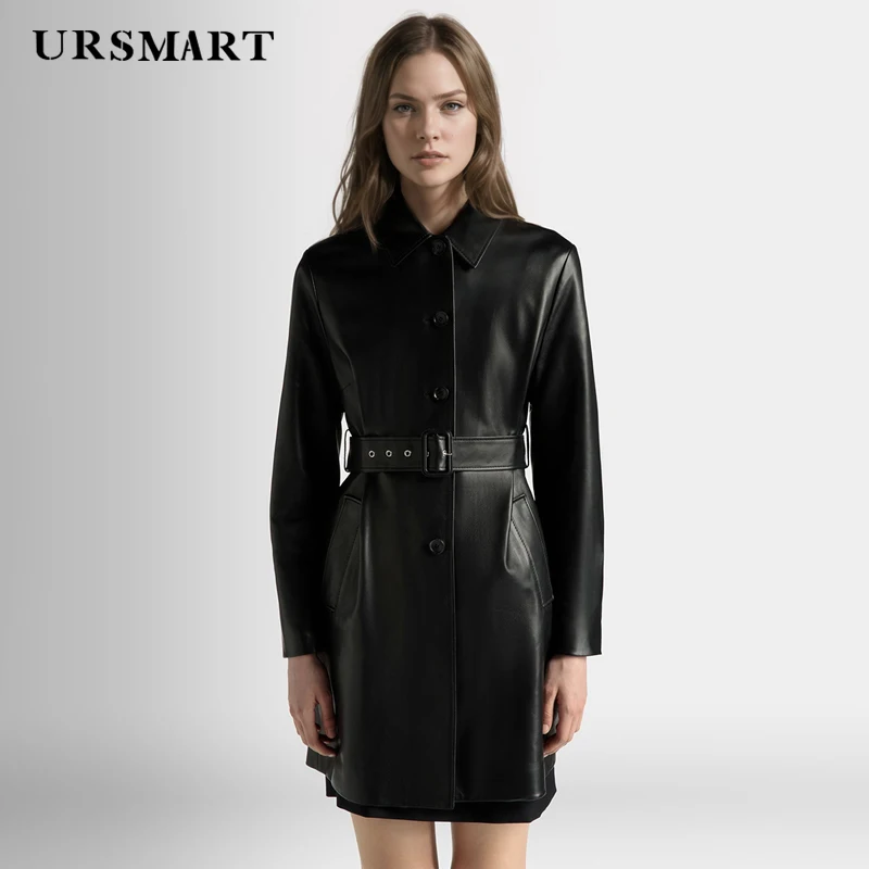 Sheepskin coat for women Slim Fit Leather Trench Coat Black Single-Breasted Spring Autumn Genuine leather Windbreaker