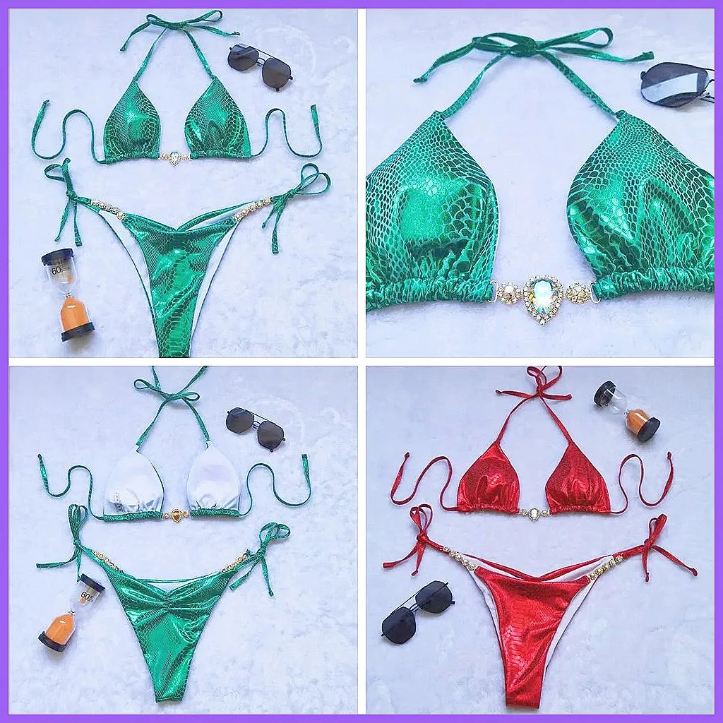 

Sexy Rhinestone Push Up Bikini Set - Glossy Brazilian Swimwear for Women, Beach & Pool