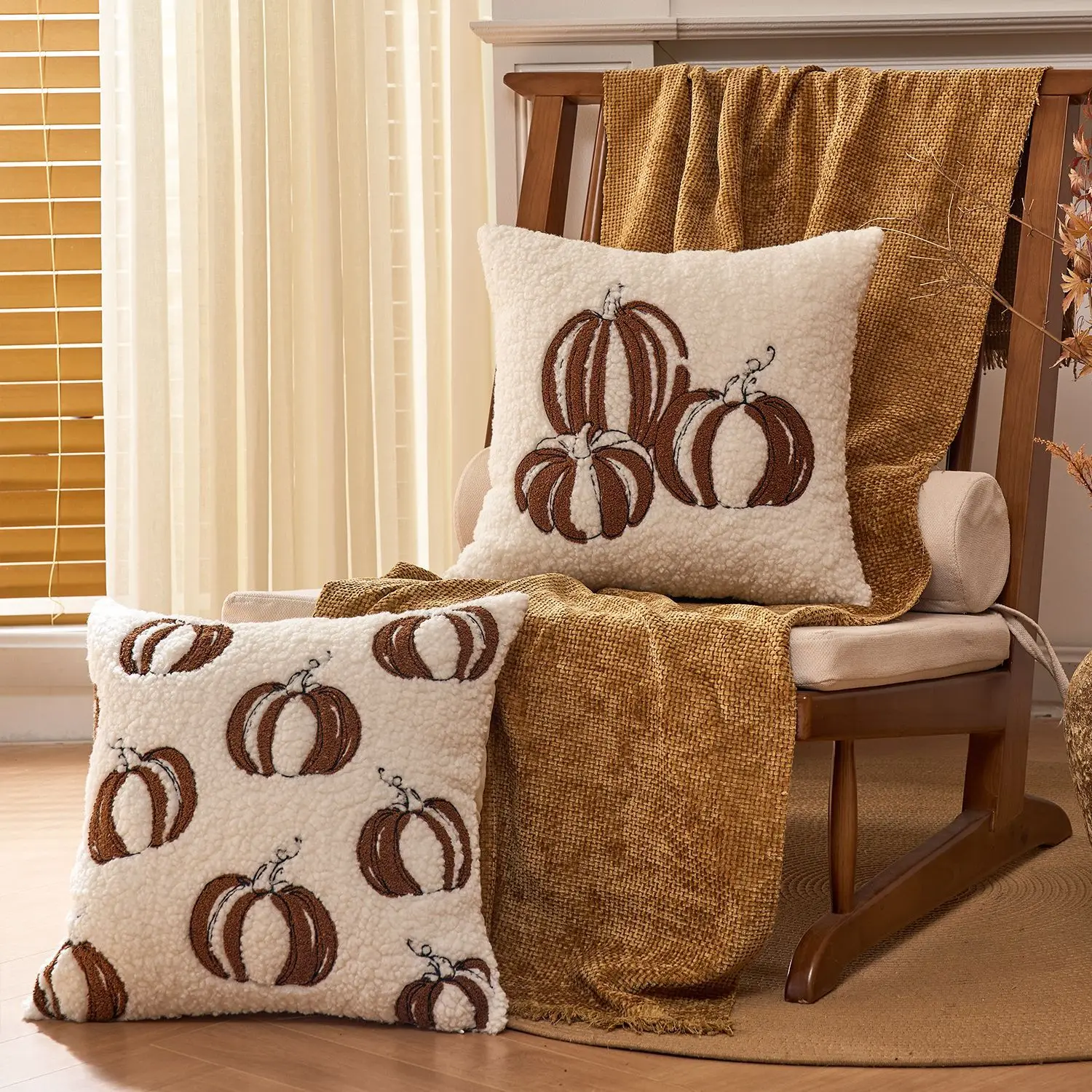 2 PackTeddy Fleece Pillow Case Cartoon Pumpkin Embroidery Cushion Cover with Thanksgiving Decor Cozy Fall Festival Home Decor