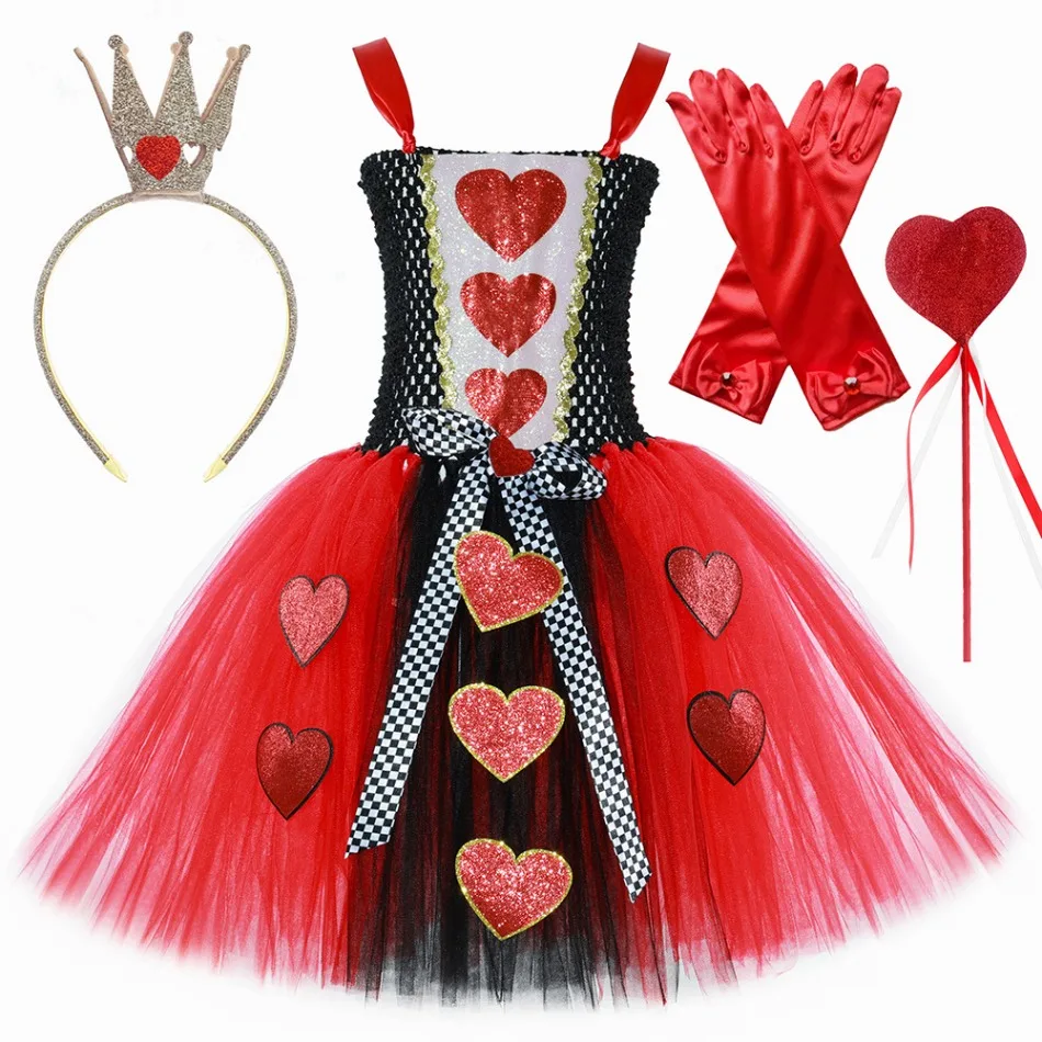 Princess Red Hearts Girls Costume Queen Dress for Kids Girls with Crown Halloween Dress Up Fancy Red Queen Tutu Dress